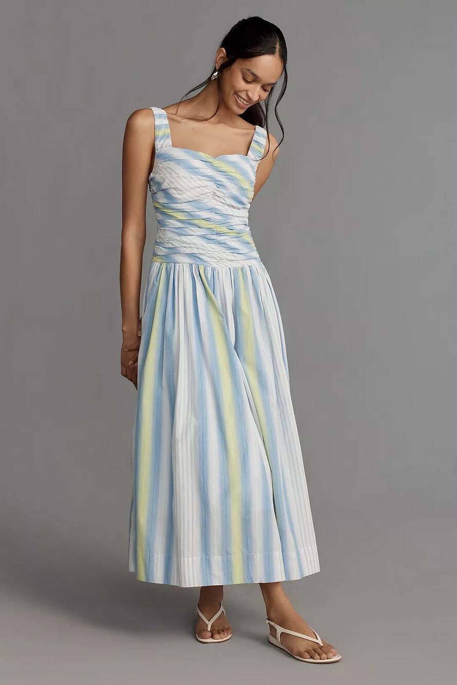 NWT By Anthropologie Square-Neck Drop-Waist Maxi Dress $178 SMALL Blue